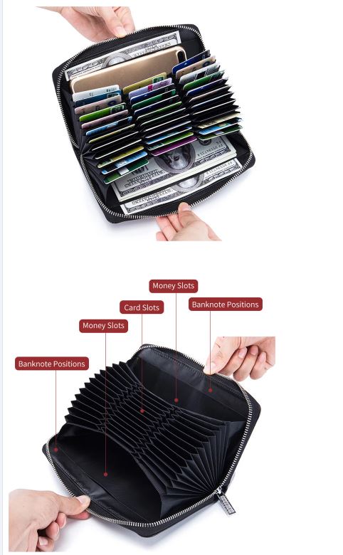 Image of the inside of a women's leather clutch wallet with an anti-theft RFID feature. The inside displays an iPhone, cash, and credit cards