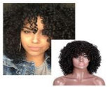 This is an image of a woman wearing a black curly haired wig next to an  image of a mannequin also wearing the same wig .