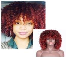 This is an image of a woman wearing a red curly haired wig next to an  image of a mannequin also wearing the same wig .