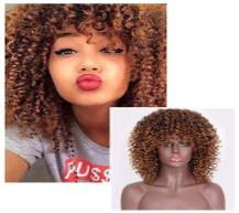 This is an image of a woman wearing a brown  curly haired wig next to an  image of a mannequin also wearing the same wig .