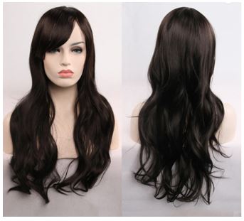 Image of a women's full length black gold colored wig.