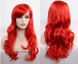 Image of a women's full length red colored wig.