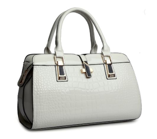 Image of a women's gray designer crocodile patent leather handbag.