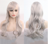 Image of a women's full length silver white colored wig.