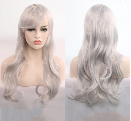 Image of a women's full length silver white colored wig.