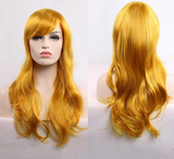 Image of a women's full length yellow gold colored wig.