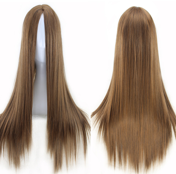 Image of a womans golden brown long straight naturally parted hair wig.