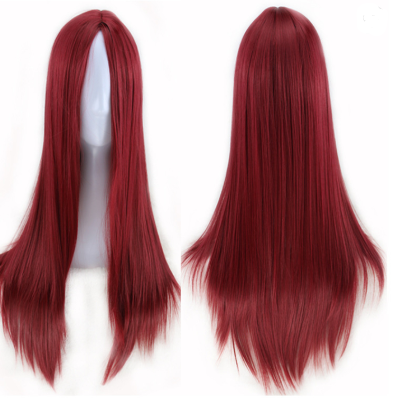 Image of a womans red auburn long straight naturally parted hair wig.