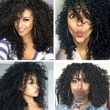 Four images of a woman wearing a black curly wig and posing