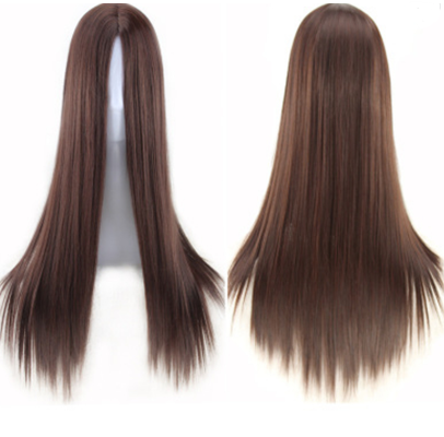 Image of a womans dark brown long straight naturally parted hair wig.