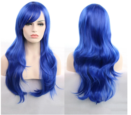 Image of a women's full length blue colored wig.