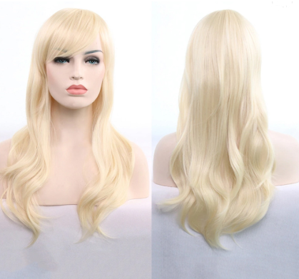 Image of a women's full length white gold colored   wig.