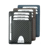 Three wallets with placeholder cards inside of each one of them.